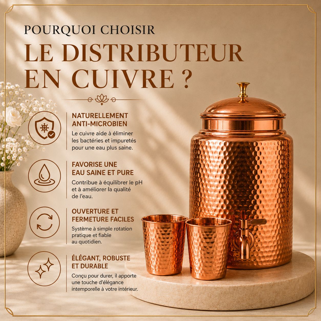 Distributeur d'Eau en Cuivre Pur Massif 99,9%